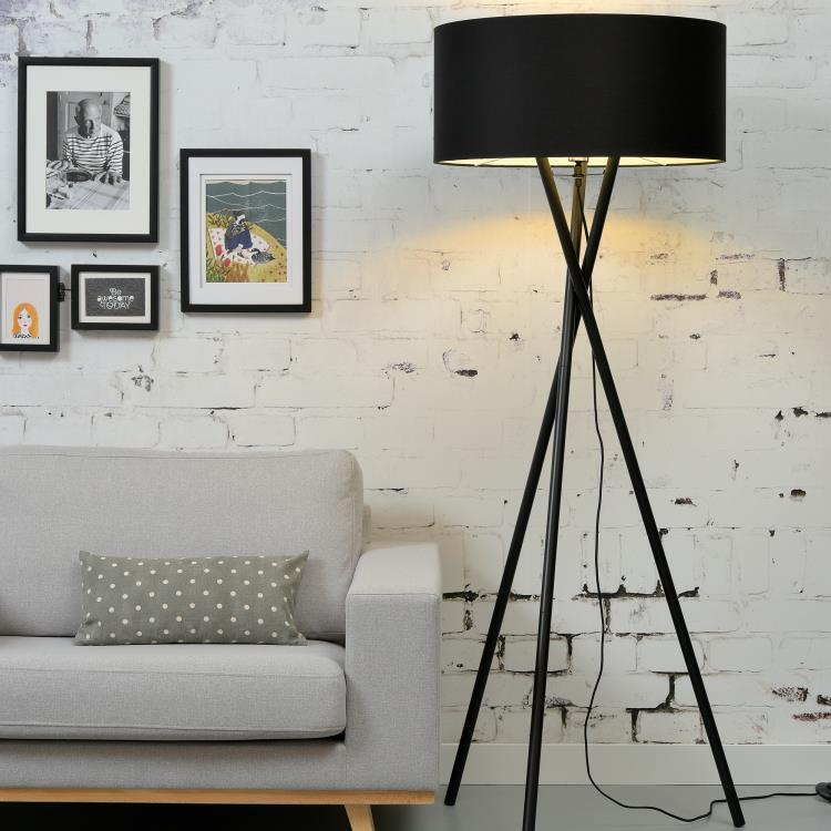 Lampa podłogowa na trójnogu z żelaza i bawełny H165cm HAMPTON czarny bialy